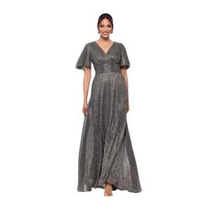 Betsy & Adam Metallic Flutter Sleeve Gown 8 Silver Black Formal Mother of Bride